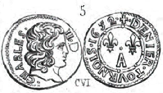 Denier Tournois de Charles II de Gonzague 1651 au V inversé Pa619210
