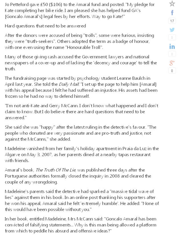 Daily Mail - article MUST READ: Web trolls raise £50,000 for the Portuguese detective who wrote a book claiming the McCanns killed their daughter Madeleine - and even British police donated  Nz310