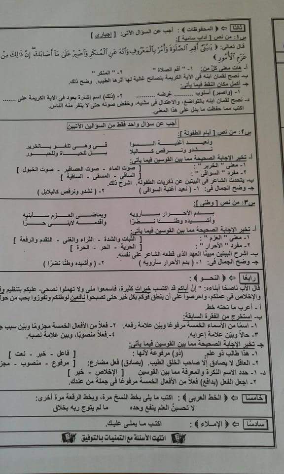 امتحان لغة عربية محافظة الجيزة الصف السادس أخر العام2016 13151810