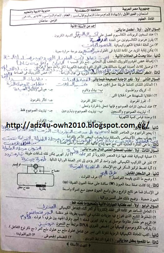  محافظة الاسكندرية: امتحان العلوم + نموذج الاجابة للشهادة الاعدادية ترم ثان 2016 126