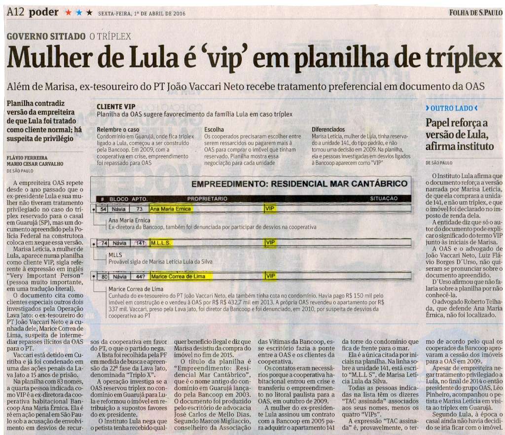 Mulher de Lula é 'vip' em planilha de tríplex no Guarujá - FOLHA SP Folha_12