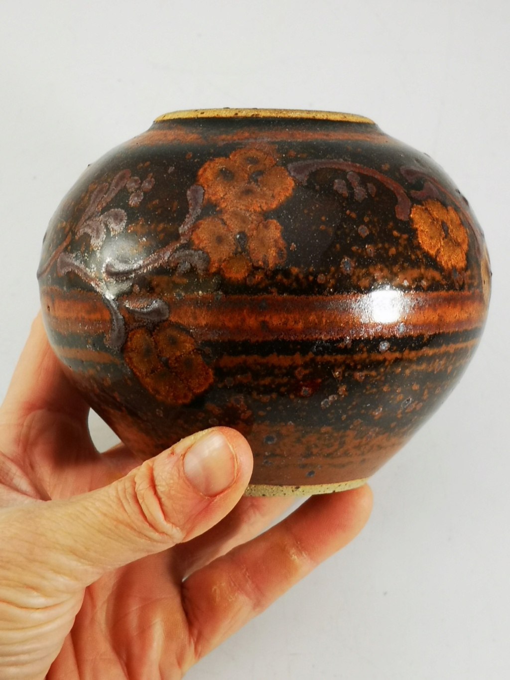Tenmoku glaze small vase possibly V or JJ mark?  Img_2041