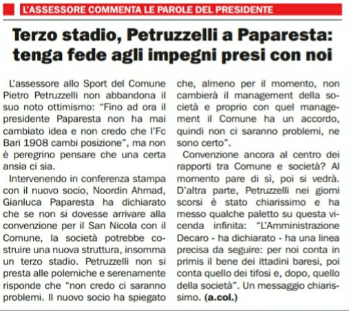 16/04/16 - Epolis - Ipotesi Terzo Stadio, Petruzzelli a Paparesta: "Tenga fede agli impegni presi con noi" Screen33