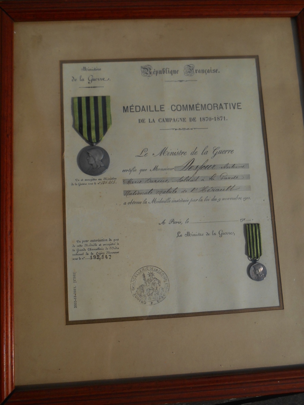 Médailles + diplôme guerre 1870-1871 Garde nationale mobilisée de l'Hérault BAISSE DU PRIX ESC - PCT 1 Dscn5629