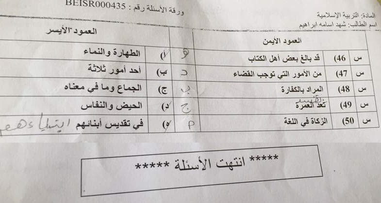 امتحان الشهادة الثانوية تربية إسلامية الدور الأول 2014-2015 5-210