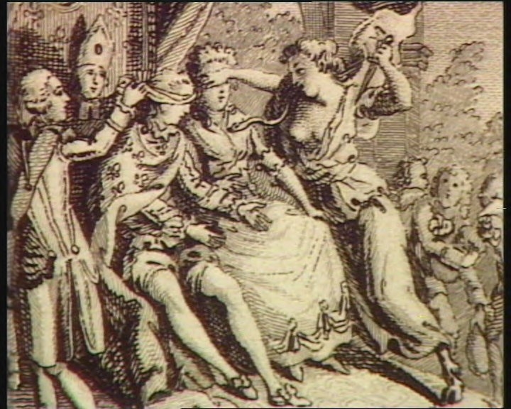 Aristocrates appliquant un bandeau sur les yeux de Louis seize et la duchesse de Polignac mettant la main sur ceux de la Reine Spol10