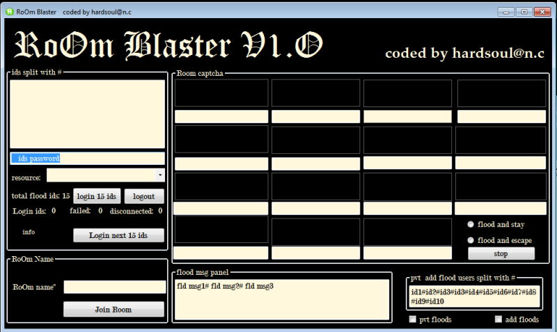 RoOm Blaster v1.0 (auto flooder && Enter left flooder. With add N pvt floods) coded by hardsoul@n.c Roombl11