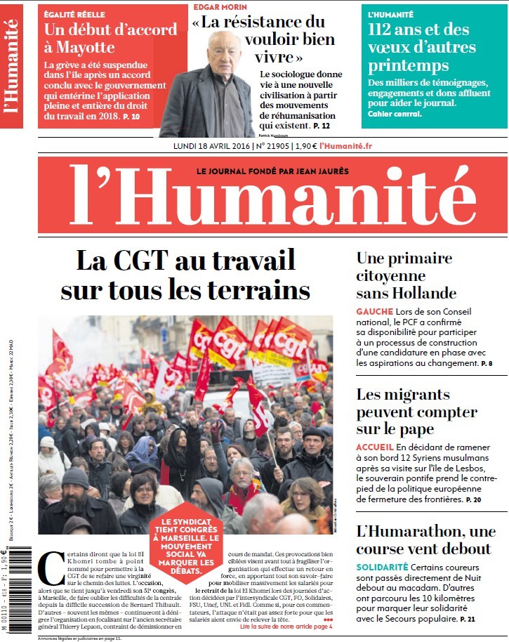 L'humanit du 18 avril 2016 sur le 51 e Congrs CGT 810