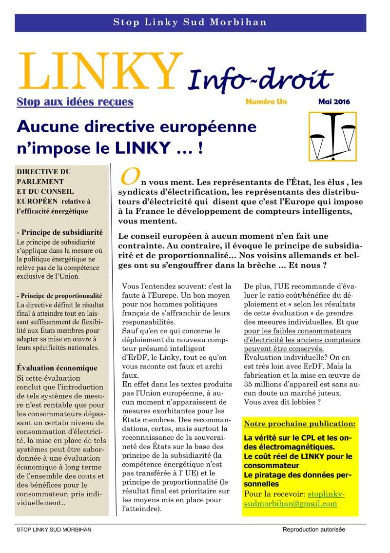 Linky - Infos-droit - Stop aux idées reçues - Aucune directive européenne n’impose le LINKY … ! P110