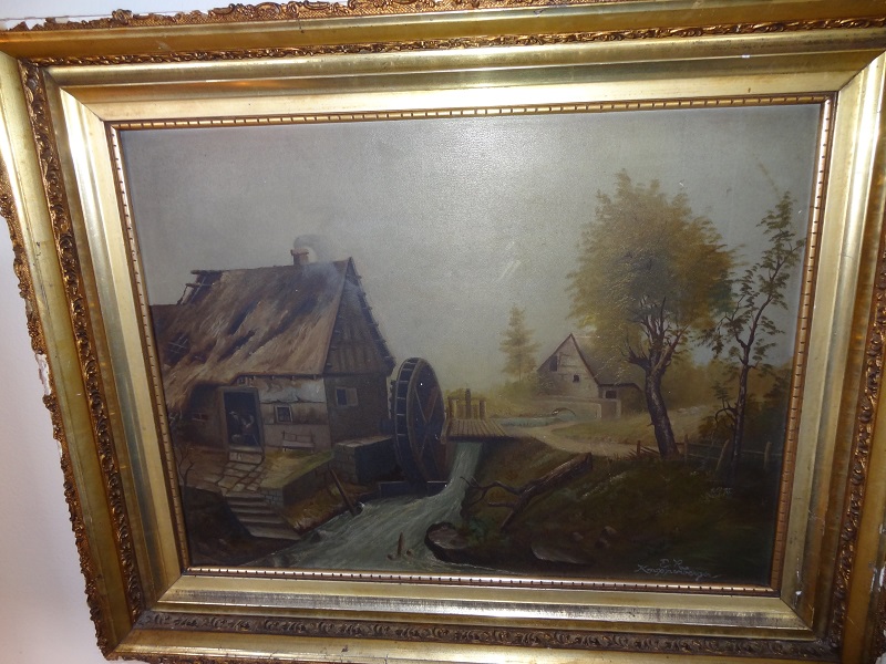 Landscape, waterwheel and farm scene. Please help with authentication. Knap310