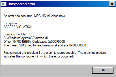 MPC 1.7.10.234 Crash Access Violation 2016-010