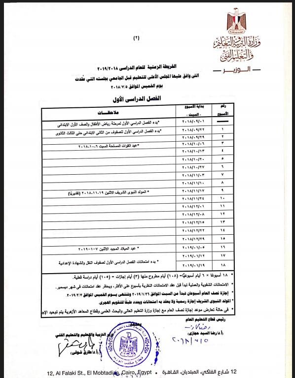 الخريطة الزمنية للعام الدراسى "2018 -2019" و تفصيل للنظام التعليمى الجديد 310