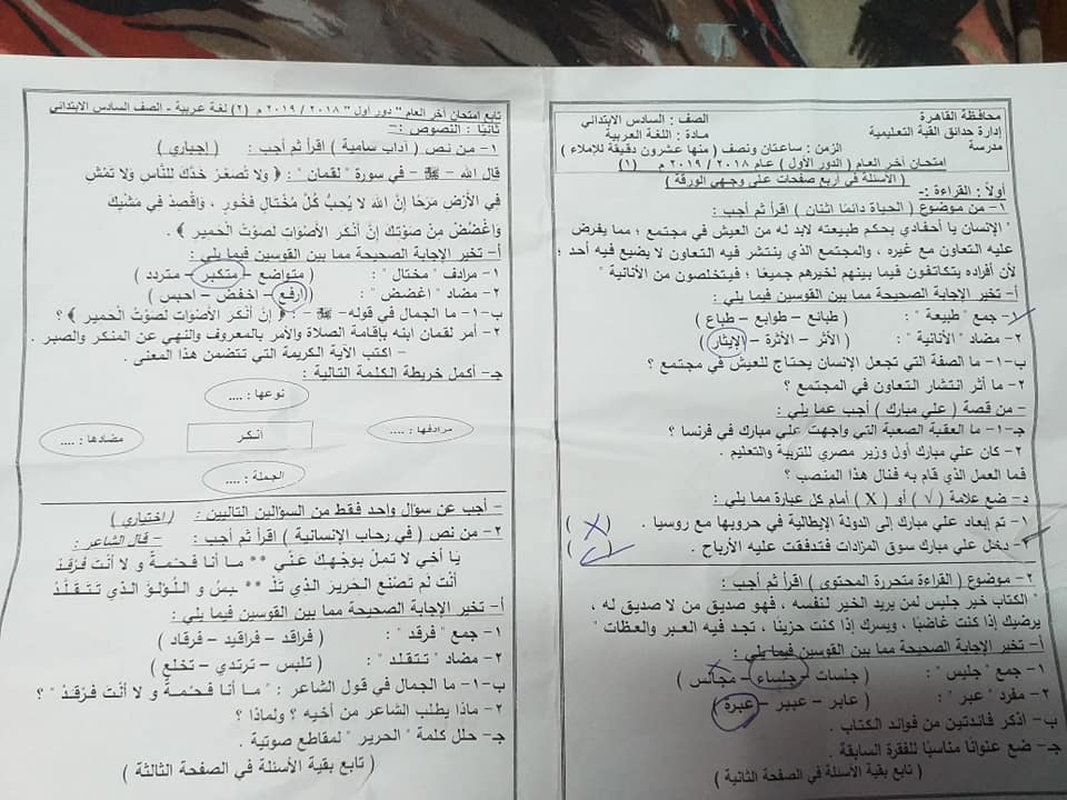 امتحان الصف السادس لغة عربية محافظة القاهرة الزيتون أخر العام2019 59732210