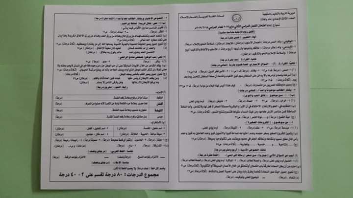 نماذج الإجابة الرسمية للكنترول لغة عربية للشهادة الإعدادية أخر العام2019 " قليوبية و القاهرة والدقهلية " بتوزيع الدرجات 60338510