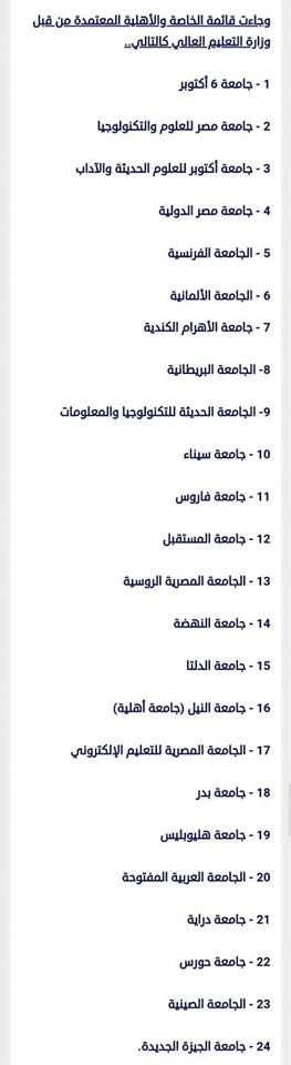 التعليم العالى ينشر قائمة بالجامعات الخاصة المعتمدة و يحذر طلاب الثانوية العامة والفنية أى كائن تحت أى مسمى اخر يمنح شهادات وهمية  65998610