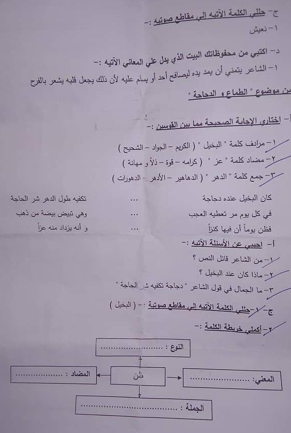 امتحانات لغة عربية للصف السادس الإبتدائى إدارات 2020 81926910