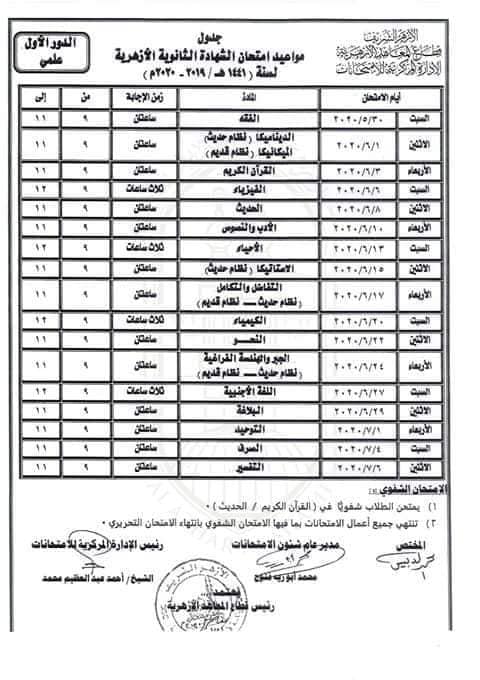  جدول امتحانات الثانوية الأزهرية.2020لأول مرة مادة واحدة في اليوم 93787310