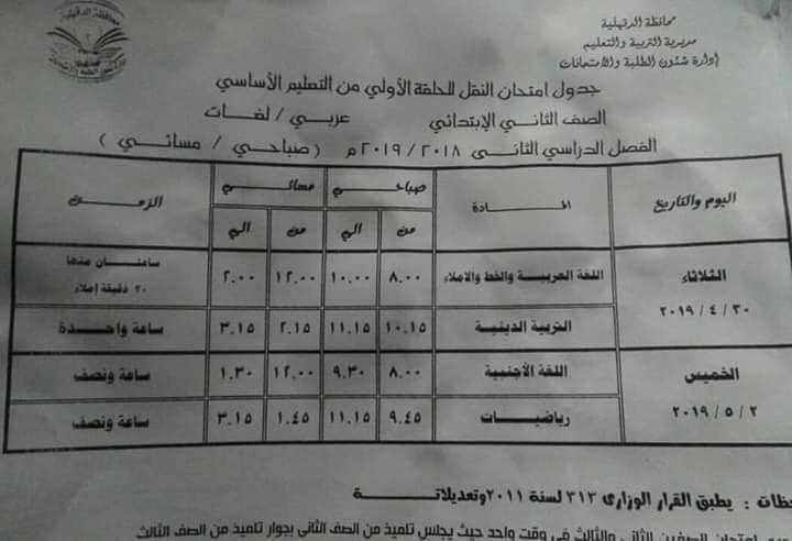 جدول امتحانات الصف الثانى الإبتدائى أخر العام2019 Ycia_o10