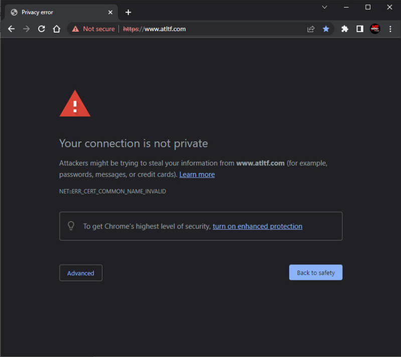 Certificate error on site ATLTF.COM Chrome10