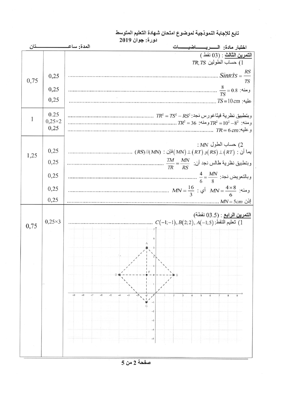 █▒◄شهادة التعليم المتوسط 2019 █▒◄الموضوع والإجابة النموذجية لاختبار الرياضيات▒◄   0216