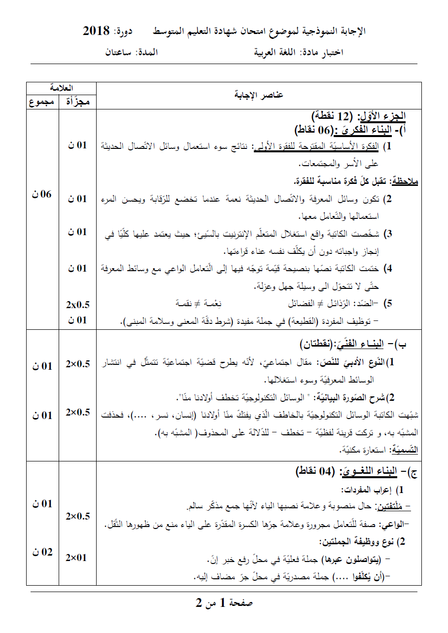 الموضوع و الإجابة النموذجية لاختبار اللغة العربية (BEM 2018) 1010