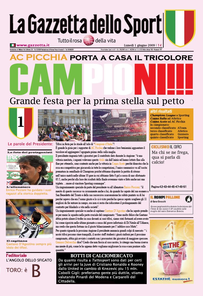 Prima pagina della Gazzetta: AC Picchia CAMPIONE!!! Campeo10