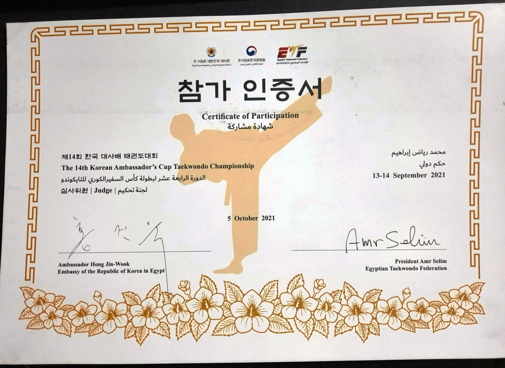 Certificate of Participation in The 14th Ambassador's Cup Taekwondo Championship 145