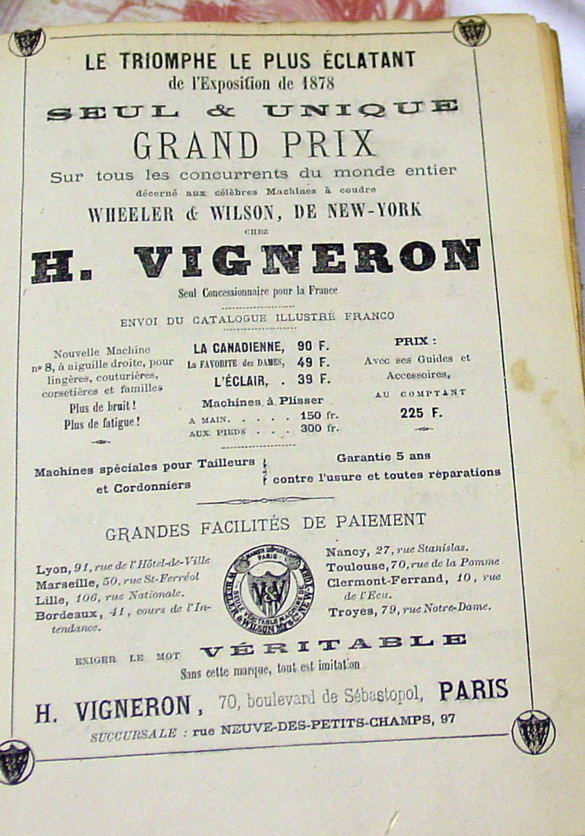 Pub Vigneron ( Wheeler Wilson) et Singer sur le Guide Indicateur de la ville de Lyon 1879 Guide-12