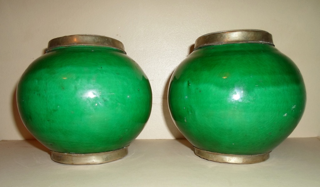 Please Help ID Pair Green Glazed Terracotta Pots With White Metal Mounts 00218