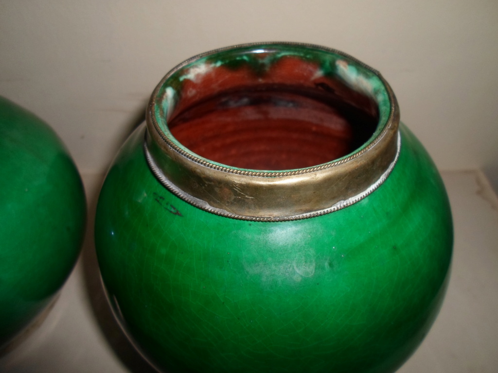 Please Help ID Pair Green Glazed Terracotta Pots With White Metal Mounts 00317