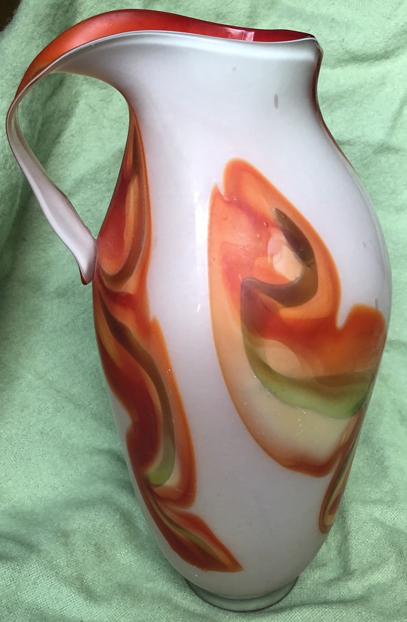 Unmarked Orange Swirly Pattern On White Background Glass Jug Vase 00421