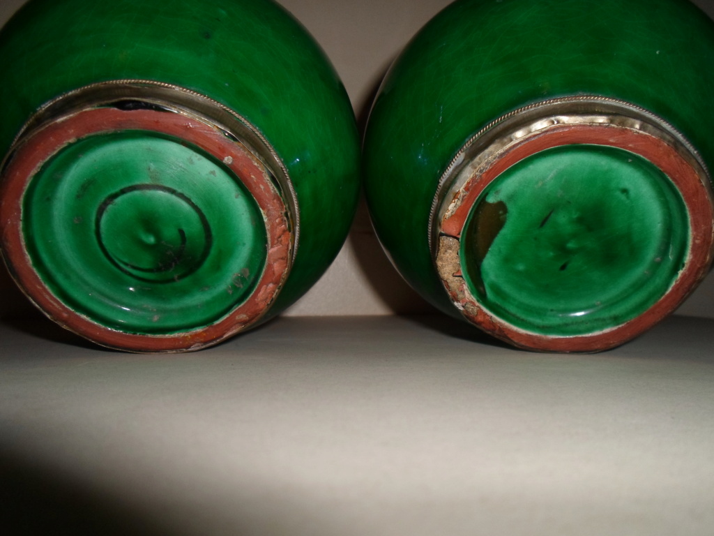 Please Help ID Pair Green Glazed Terracotta Pots With White Metal Mounts 00513