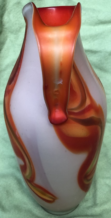 Unmarked Orange Swirly Pattern On White Background Glass Jug Vase 00516