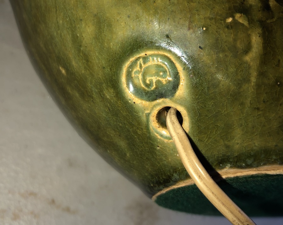 Please Help ID Impressed Fish Mark On Green Mottled Glaze Lamp Base  00619