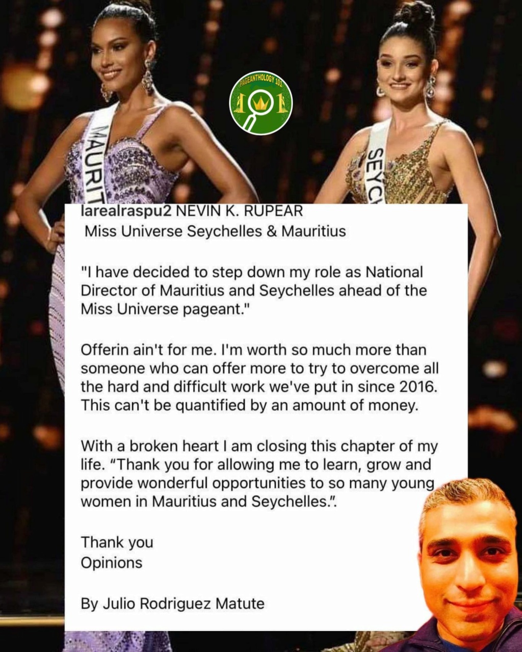 Nevin Rupear , ND of Miss Universe Seychelles and Mauritius, part ways with Miss Universe Organization. 32985710