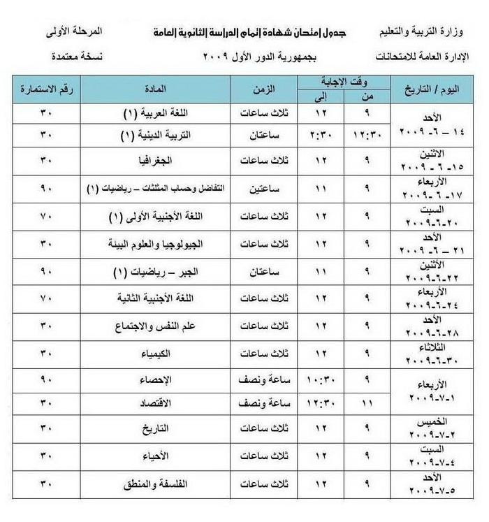 جدول امتحان شهادة اتمام الدراسه الثانوية العامة بمرحلتيها الأولى والثانية لعام 2008-2009 بمصر 111