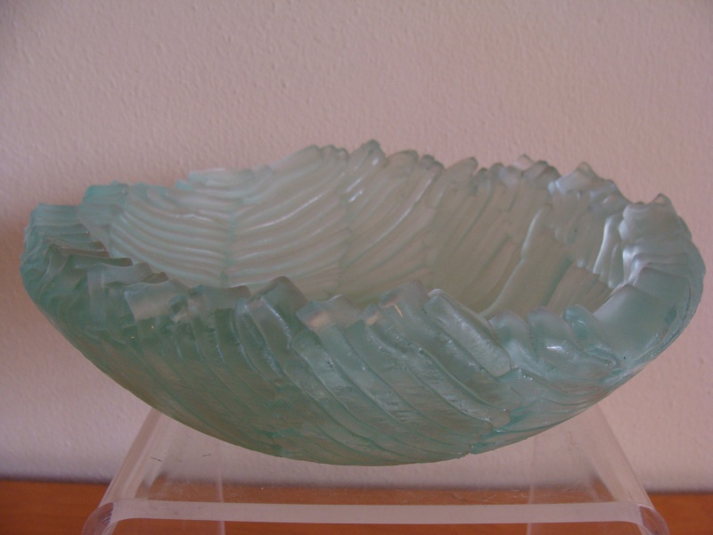 Frosted Blue Wavy Stacked Glass Bowl - Signed Blue_b14