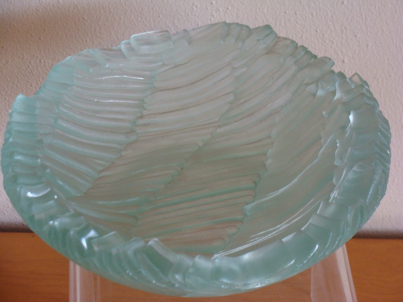 Frosted Blue Wavy Stacked Glass Bowl - Signed Blue_b15