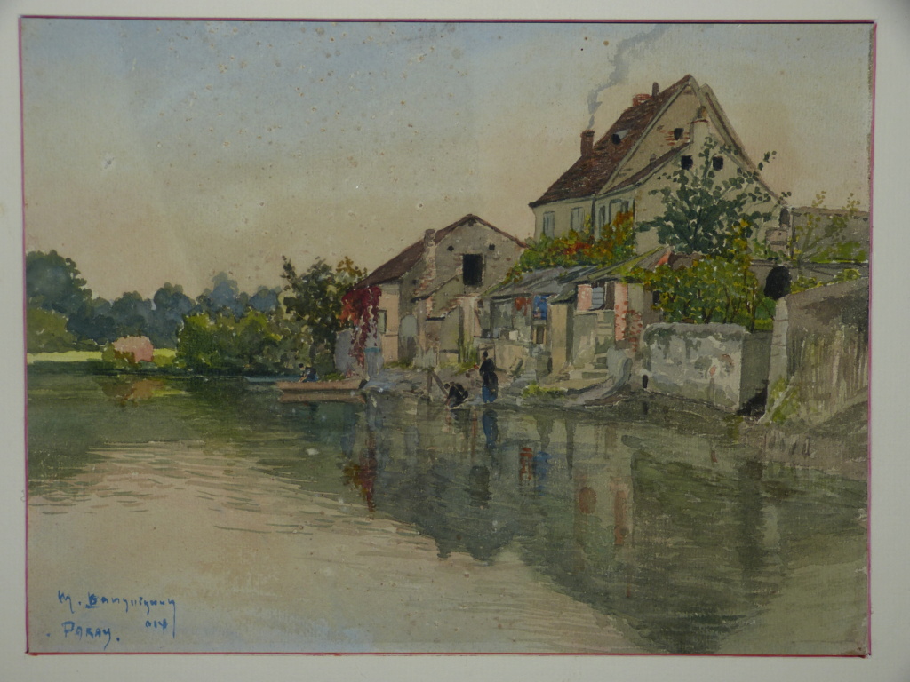 aquarelle signée Bourguignon  Bord de rivière avec lavandieres - Paray P1030311