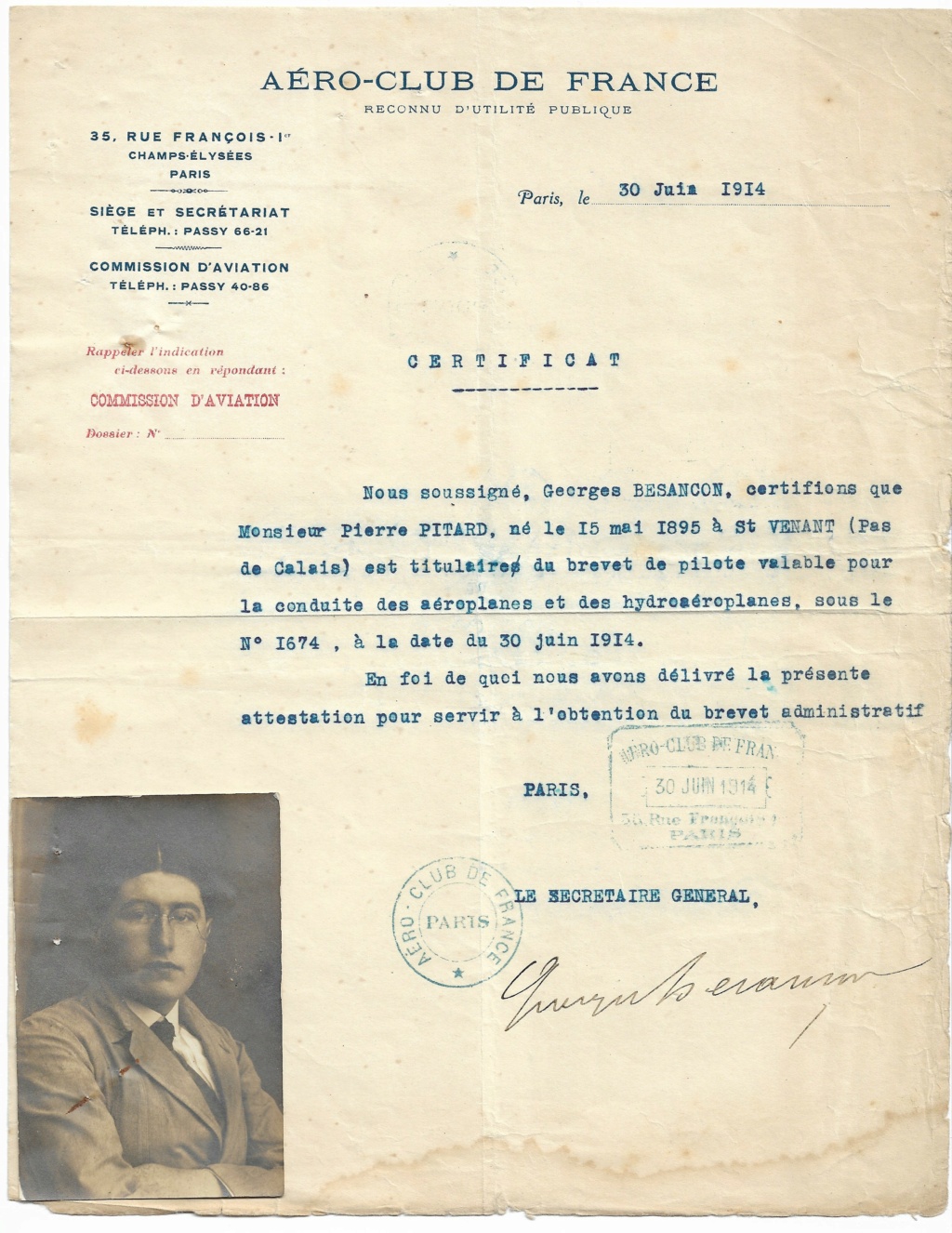 Brevet Aéroclub juin 1914 Aviate25