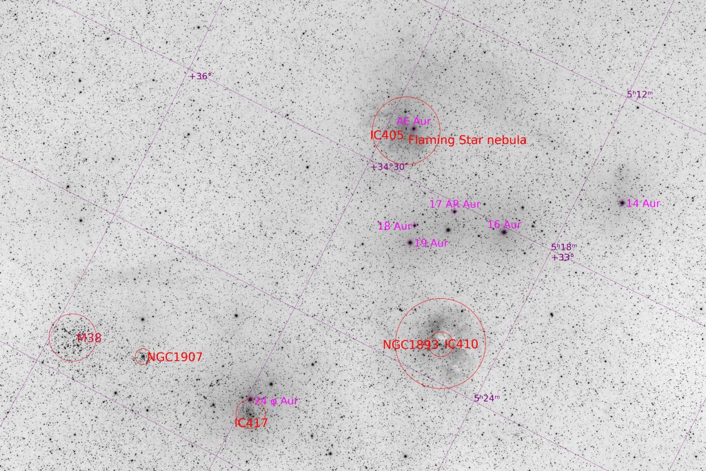 Amas d'étoiles et nébuleuses dans le Cocher Ngc18911