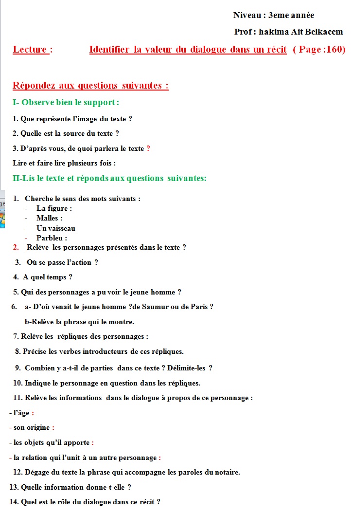 د Lecture :  Identifier la valeur du dialogue dans un récit  ( Page :160 Frr10