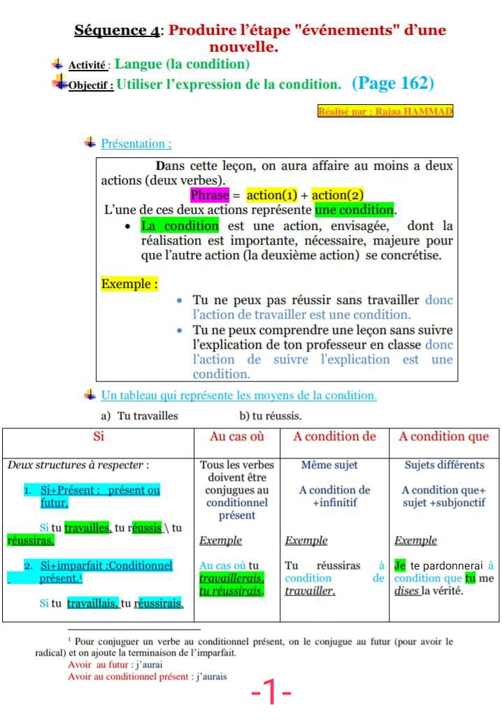 درس  Langue: la condition (page 162-163) + conceptualisation Whats407