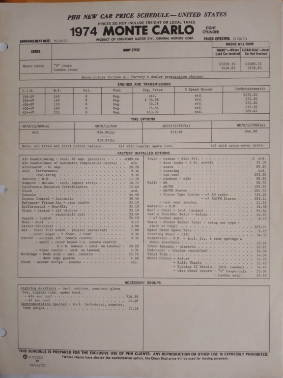1974 Monte Carlo PPH New Car Pricing Schedule 1974mo10