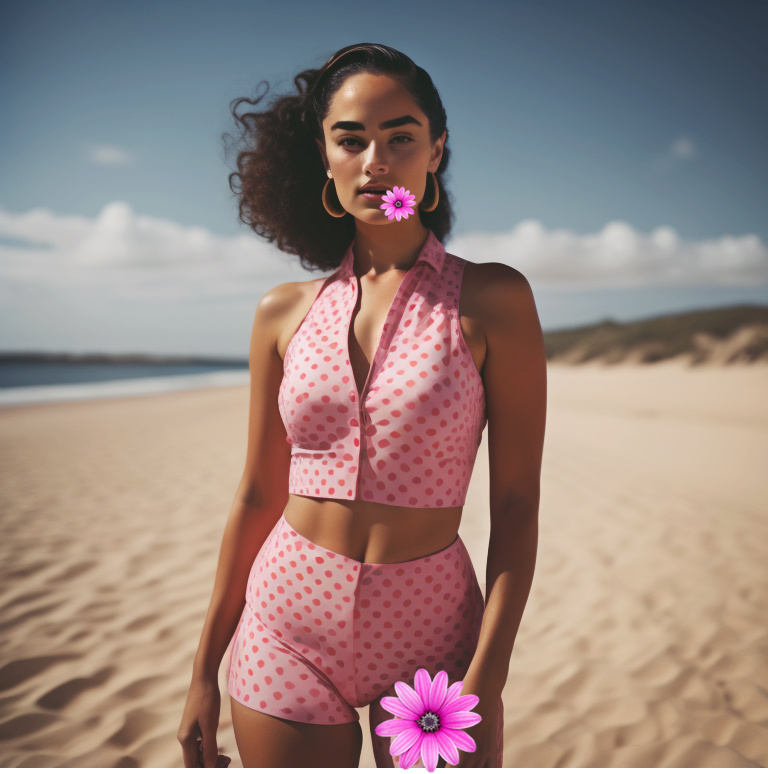 Feminine and beautiful mixed-race women in full bathing suit smiling on the beach Mixe_r10