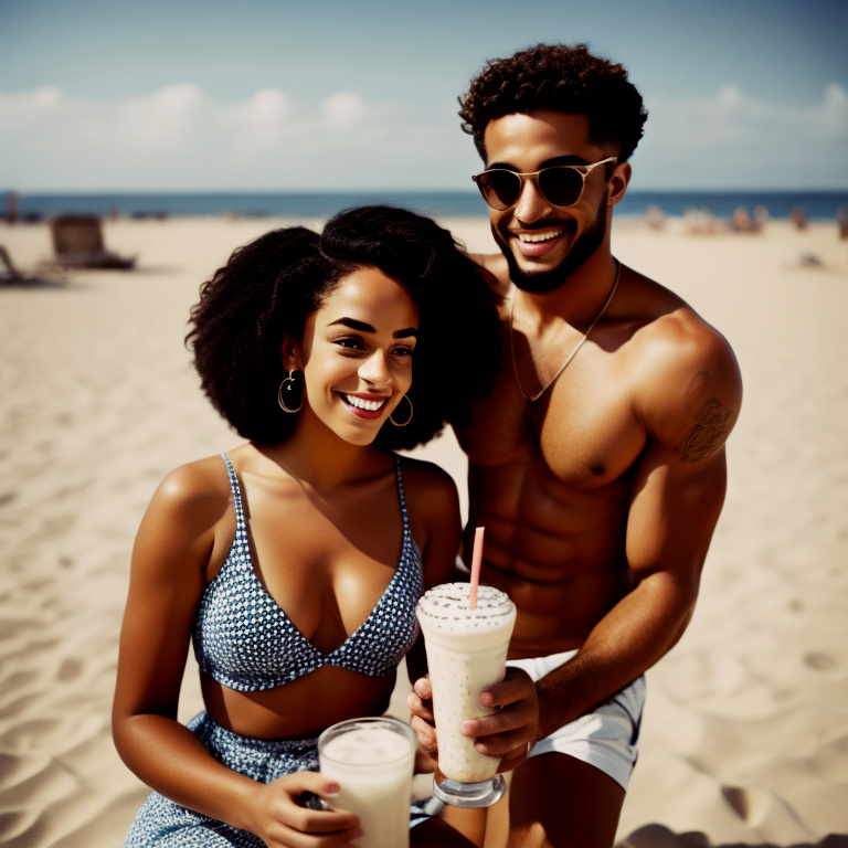 Feminine and beautiful mixed-race women in full bathing suit smiling on the beach Mixed_11