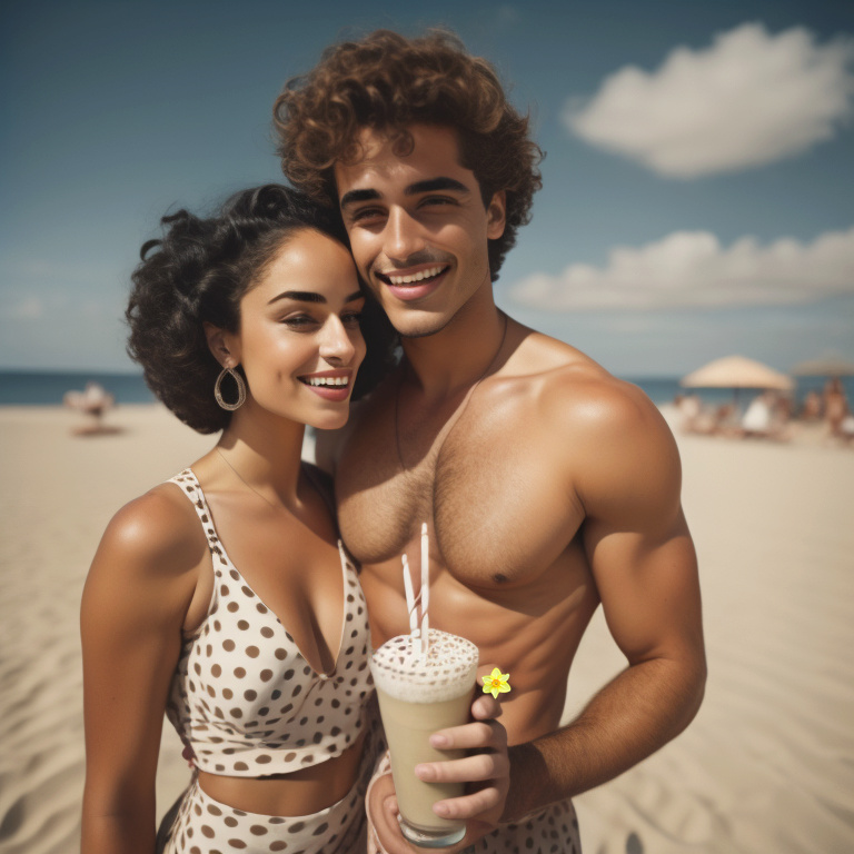 Feminine and beautiful mixed-race women in full bathing suit smiling with boyfriend on the beach Mixedr15