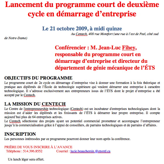 Lancement du programme court de deuxième cycle en demarrage d'entreprise - ETS Centec10