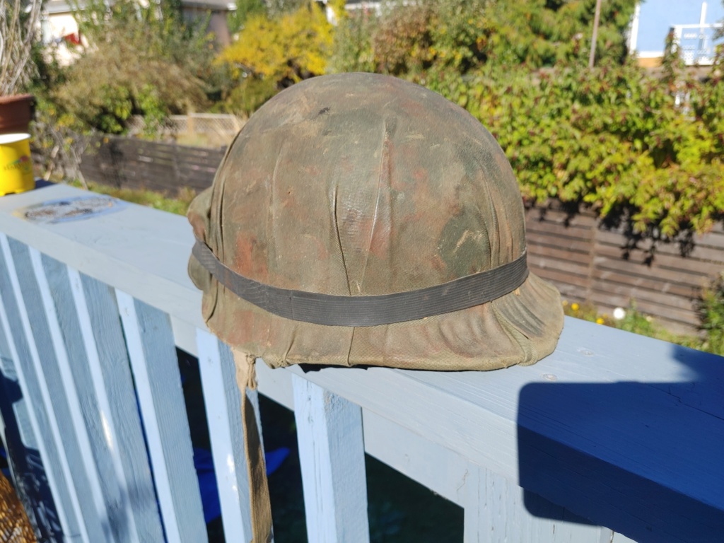 M1 helmet.  Possible Canadian, looking for help with mystery cover 20231015