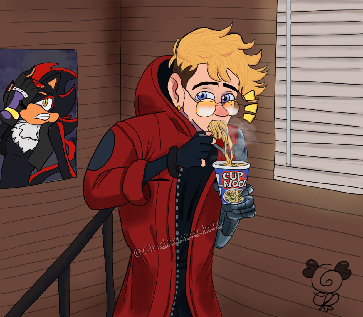 Vash eating ramen noodles, while someone off screen calls him to do something! Headcanon: Vash is a Shadow Fanboy,lol